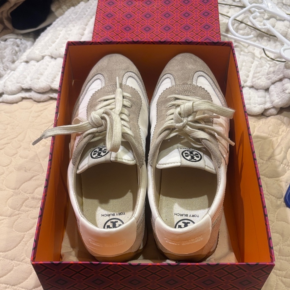 Tory Burch Tan and White Lace-Up Sneakers